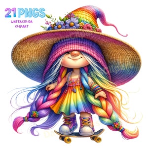 Pode incluir: Um gnomo fantasioso com longas tranças arco-íris, usando um chapéu arco-íris com flores, um vestido arco-íris e tênis arco-íris, está a andar de skate.
