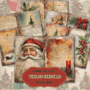May include: A set of 22 digital papers featuring vintage Christmas illustrations. The papers include images of Santa Claus, a gingerbread man, a Christmas tree, a candle, and holly berries. The papers are 11 inches by 8.5 inches and are 300 DPI.