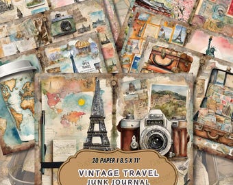 May include: A set of 20 digital papers featuring vintage travel themed images. The papers are 8.5 x 11 inches and are 300 DPI. The images include a vintage camera, a map, a suitcase, and the Eiffel Tower.