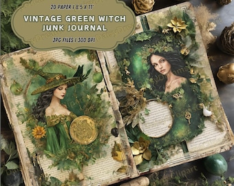 Kit de diario basura de bruja verde vintage: imprimibles de libros de hechizos (20 archivos JPG)