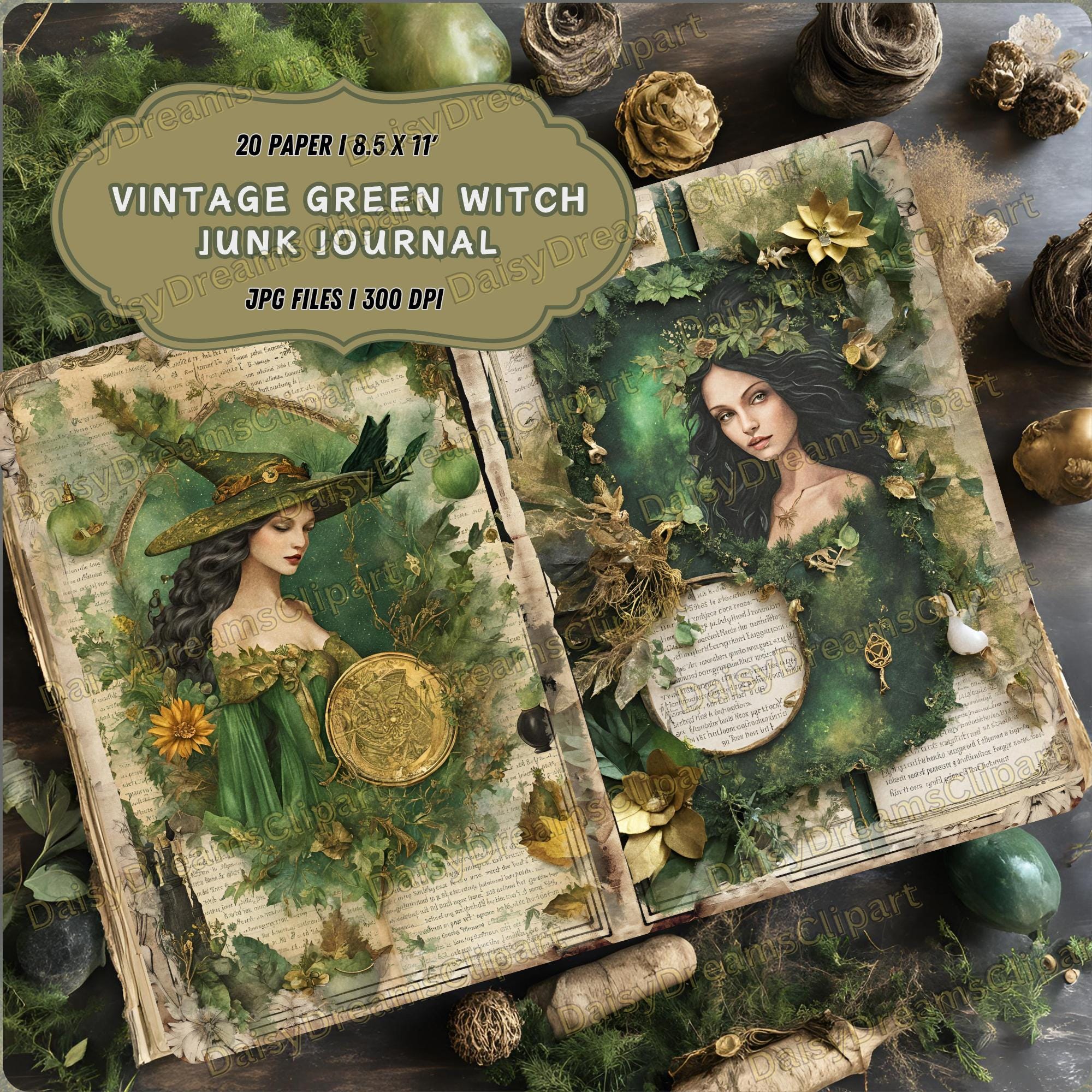 Vintage Green Witch Junk Journal Kit: Spell Book Printables (20 JPG ...