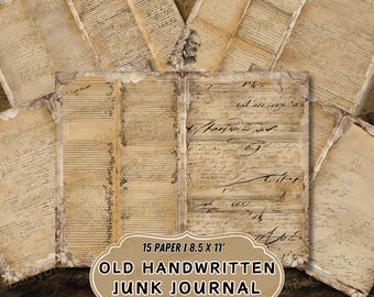 May include: A collection of aged paper sheets with handwritten script and decorative borders. The papers are arranged on a wooden surface. The image includes text that reads "15 PAPER | 8.5 X 11' OLD HANDWRITTEN JUNK JOURNAL JPG FILES | 300 DPI".