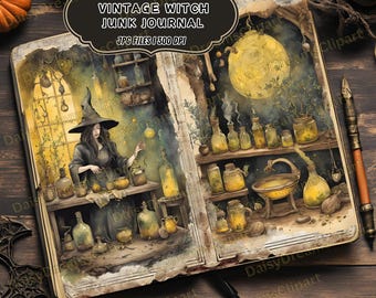 Vintage Witch Junk Journal: Halloween Celestial Ephemera (15 Digital JPG Files)