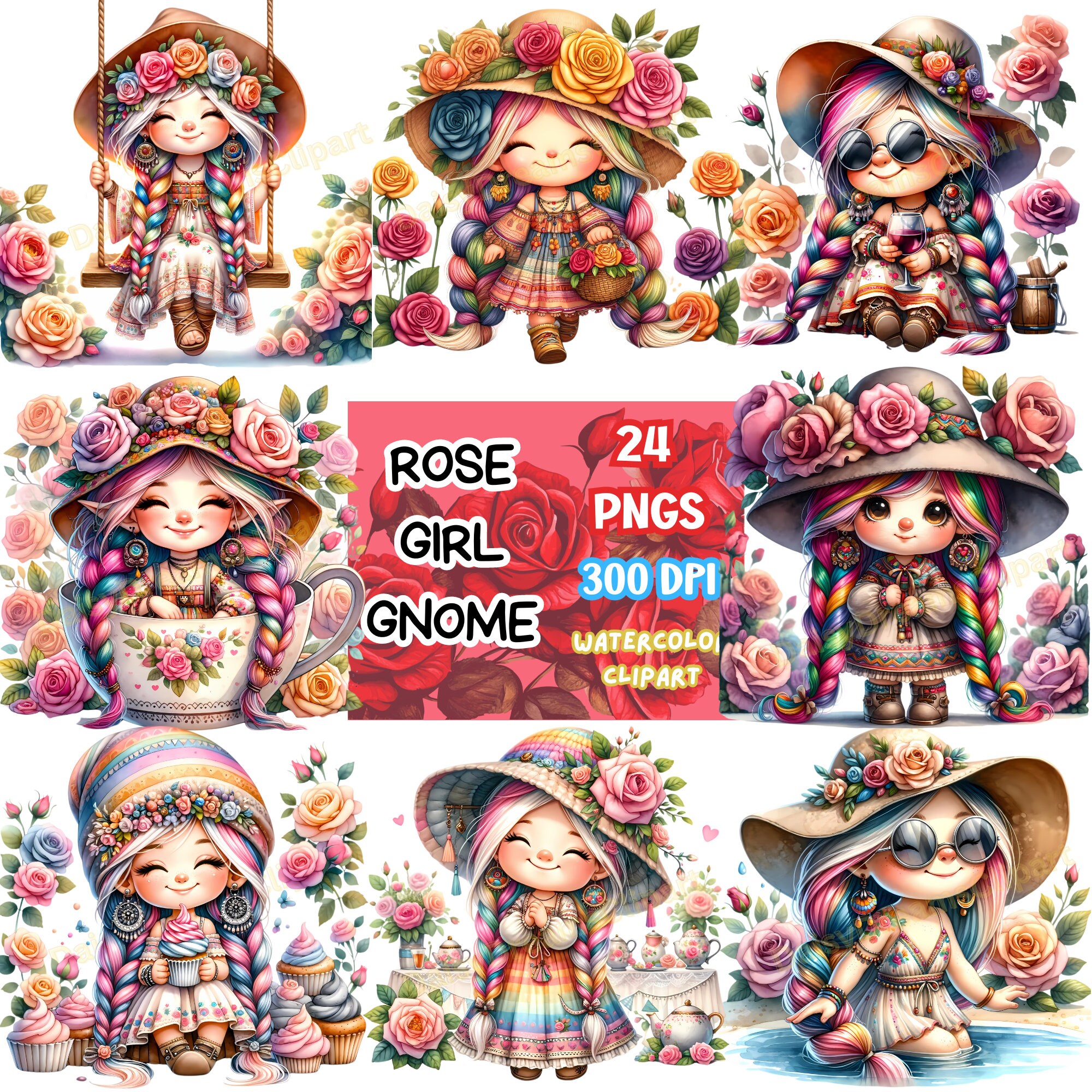 Watercolor Rose Girl Gnome Clipart: Bohemian Flowers PNG (digital ...
