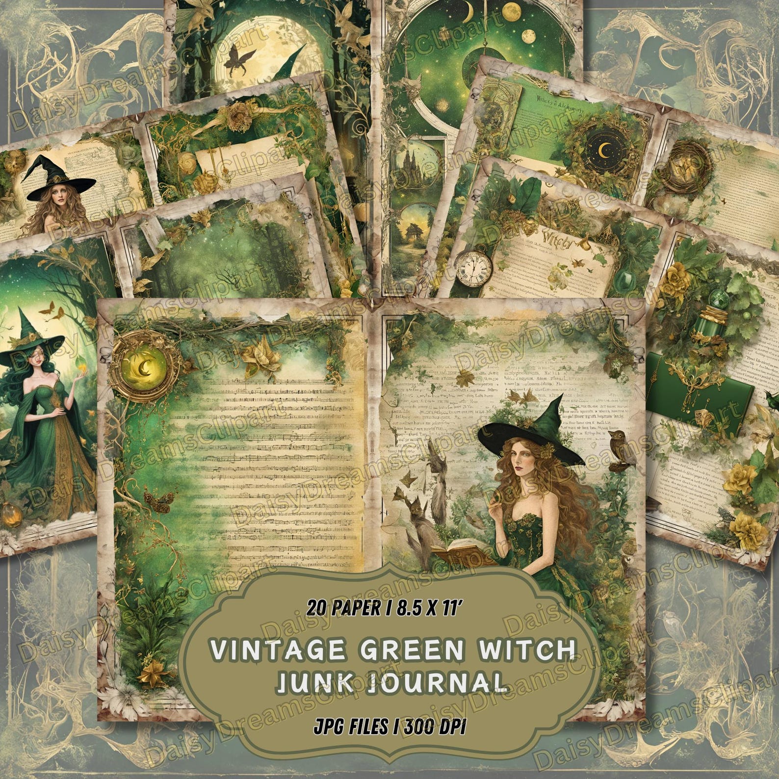 Vintage Green Witch Junk Journal Kit: Spell Book Printables (20 JPG ...