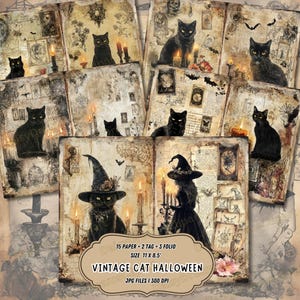 Black Cat Junk Journal Pages: Witch Halloween Kit (Digital Download)