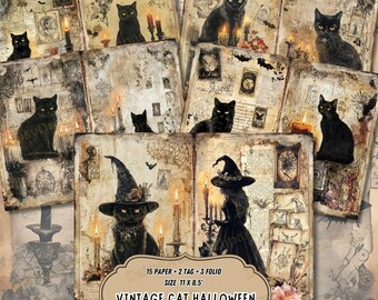 Black Cat Junk Journal Pages: Witch Halloween Kit (Digital Download)