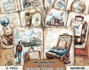 Peut inclure: Ensemble de papier de journal vintage sur le thème du voyage avec 16 papiers, 2 étiquettes et 3 feuillets. Les papiers présentent des illustrations de valises, de globes terrestres, d'avions et d'un train vintage. Les papiers mesurent 11 pouces par 8,5 pouces et 300 DPI.