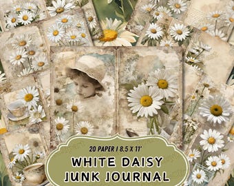 White Daisy Junk Journal Kit: Shabby Chic Printable Pages (Digital Download)