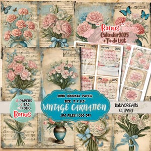 Kit de diário de lixo vintage Carnations | Ephemera musical de cravo | Papel digital Shabby Chic | Cartões de calendário 2025 e lista de tarefas | Mês de nascimento