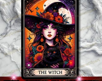 Witch Tarot Card PNG: Gothic Black Cat Sublimation Design (Digital Download)