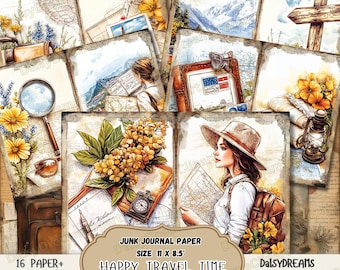 Peut inclure: Un ensemble de 16 papiers numériques pour le journalisation de rebuts, sur le thème du voyage. Les papiers comprennent des images de cartes, de fleurs, d'une boussole, d'une valise vintage et d'une femme avec un sac à dos. Les papiers mesurent 28 cm x 21,6 cm et 300 DPI. Le texte "Happy Travel Time" est inclus sur les papiers.