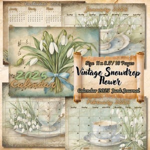 2025 Vintage Snowdrops Calendar: Shabby Chic Journal Pages (Digital Download)