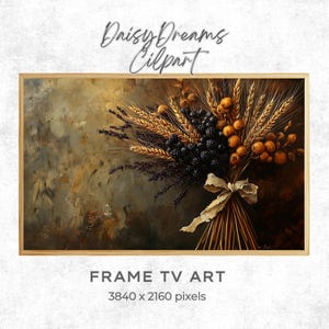 May include: A framed painting of a bouquet of wheat stalks, blackberries, and small yellow berries. The bouquet is tied with a white ribbon and set against a textured brown background.