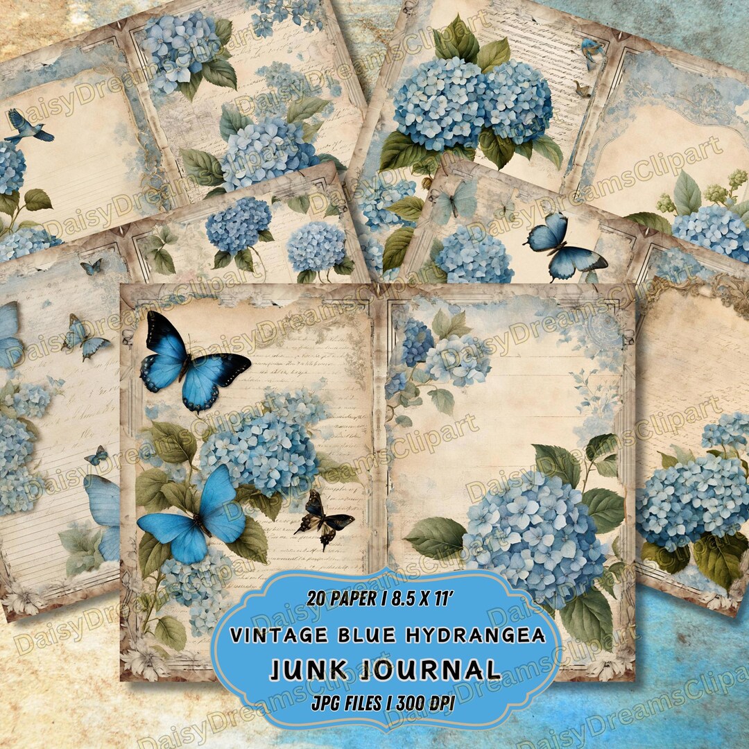Blue Hydrangea Junk Journal Kit: Vintage Floral Ephemera (digital ...
