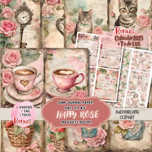 Glückliche Rose Junk Journal Kit | Valentinstag Rosen Ephemera |Shabby Chic Digitales Papier |2025 Kalender Karten & To-Do Liste |Digitaler Download