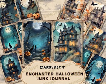 May include: Twelve digital papers featuring a spooky Halloween theme. The papers feature a haunted house, a witch, pumpkins, and a full moon. The papers are perfect for creating Halloween-themed crafts, cards, and scrapbook pages.