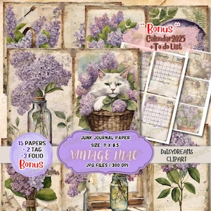 Kit de diario basura vintage en lila / Kit de diario floral en lila morado / Diario basura floral imprimible / Tarjetas de calendario 2025 / Lista de tareas imprimible