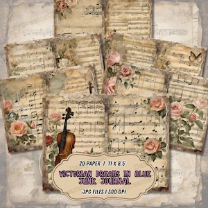 Könnte beinhalten: Zwanzig digitale Papierbögen mit Vintage-Notenblättern und floralen Akzenten. Die Papiere sind für Junk Journaling konzipiert und haben die Größe 28 cm x 21,5 cm. Die Papiere haben eine Auflösung von 300 DPI.