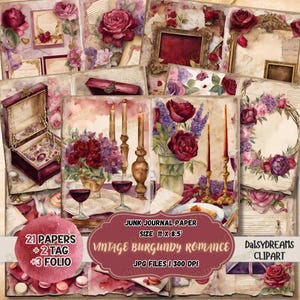 Kit diario vintage Burgundy Romance Junk / Pagine di diario vittoriano di San Valentino / Album di ritagli stampabile Burgundy / Download digitale