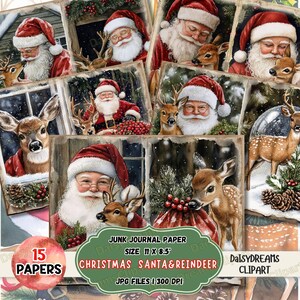 May include: A set of 15 digital printable papers featuring a Christmas theme with Santa Claus and reindeer illustrations. The papers are 11 inches by 8.5 inches and 300 DPI.