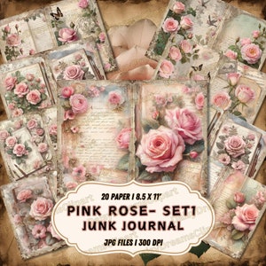 Pink Rose Junk Journal Pages | Pink Rose 20 JPG Digital Junk Journal, Vintage | Shabby Chic Pink Roses Journal | Scrapbook | Digital Papers