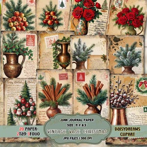 May include: A digital collage sheet of 20 vintage Christmas images featuring vases, wreaths, and greenery. The images are in a rustic style with a brown and cream color scheme. The text "Junk Journal Paper" and "Vintage Vase Christmas" is included in the image.