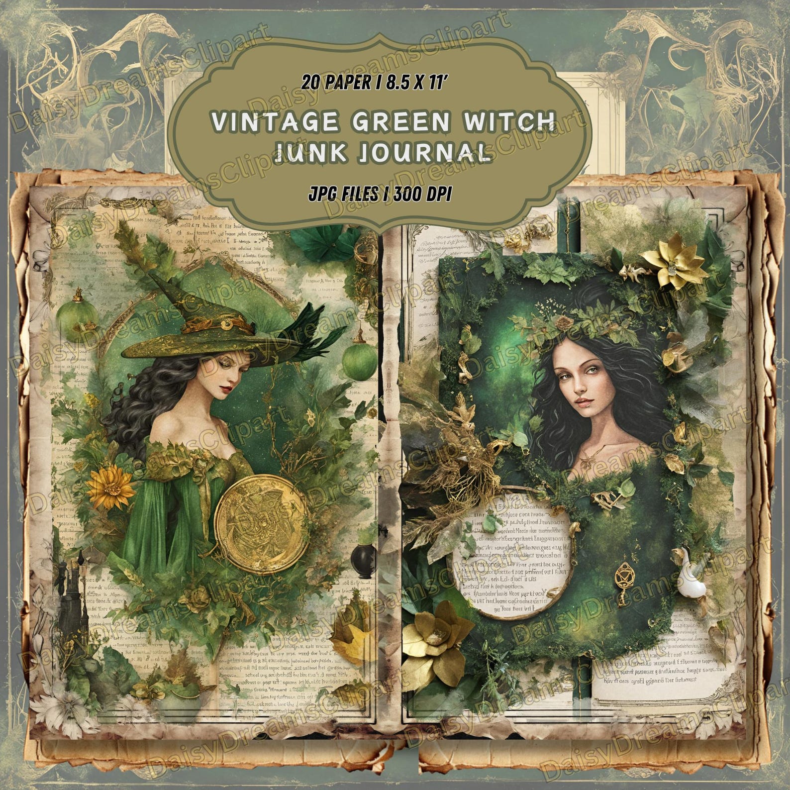 Vintage Green Witch Junk Journal Kit: Spell Book Printables (20 JPG ...