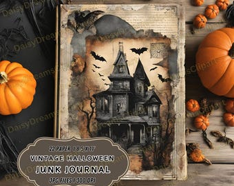 May include: A vintage Halloween junk journal featuring a spooky haunted house illustration on the cover. The cover is a distressed, aged paper with a brown and black colour scheme. The journal is 18.5 inches by 11 inches and includes 22 pages.