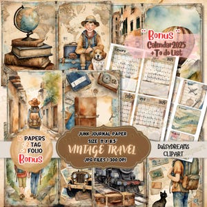 vintage Carnet de voyage indésirable | Carnet de voyage rétro | Calendrier 2025 : cartes et liste de choses à faire| Page imprimable de scrapbooking | Téléchargement numérique