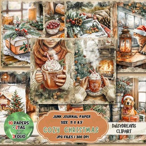 Könnte beinhalten: Ein Set mit 10 digitalen Papieren, 2 Etiketten und 3 Folien mit einem gemütlichen Weihnachts-Thema. Die Papiere enthalten Bilder eines Kamins, einer Tasse heißer Schokolade, eines Weihnachtsbaums und eines Hundes. Die Papiere sind perfekt für Scrapbooking, Kartenherstellung und andere Bastelprojekte.