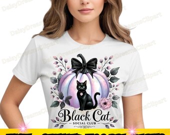 May include: White t-shirt featuring a black cat with a pink heart collar, sitting in front of a light purple pumpkin with a black bow. The text "Black Cat - Social Club" is below the cat. The bottom of the shirt has the text "HIGH-QUALITY 300 DPI / 1 PNG".