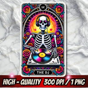 Die DJ Tarot Karte PNG | Skeleton Disc Jockey Sublimationsentwurf | Trendy Witchy Gothic Tarot | T-Shirt & Tasse Schädel PNG | Digitaler Download
