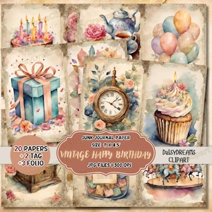 Vintage Happy Birthday Junk Journal Pages#2 |Digital Scrapbook Paper Kit | Birthday Party Printable |Digital Collage Sheet |Instant Download