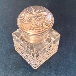SUPERBE décoration vintage en argent sterling antique et verre de cristal avec fleurs Lys Lilium BIG encrier