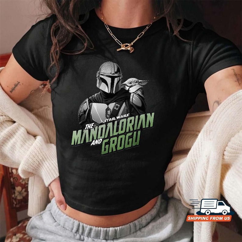 The Mandalorian And Grogu Baby Tee, Retro Star Wars Baby Yoda Crop Top, Vintage Sci Fi Fan Graphic T Shirt, Trendy Y2K Unisex Tee