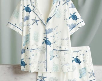 Sea Turtle Pajama Set for Women, Cute Summer Short Sleeve Sleepwear, Coastal Beach Print Pajamas, Soft Loungewear Gift