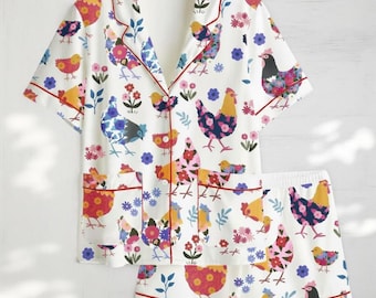 Chicken Pajama Set, Cute Floral Farm Sleepwear, Animal Short Sleeve Pajamas, Cottagecore Loungewear Gift Fpr Women