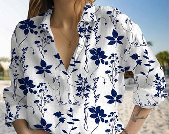 Blusa floral azul marinho, camisa de manga comprida branca com estampa de folhas, blusa vintage com inspiração chinesa, elegante peça para a praia no verão.