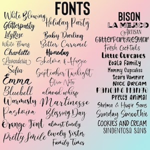 May include: A gradient background with a variety of black font styles. The word "FONTS" is at the top. Font names include "White Blowing", "Glitterparty", "LilyRose", "Holiday Party", and "Baby Darling".
