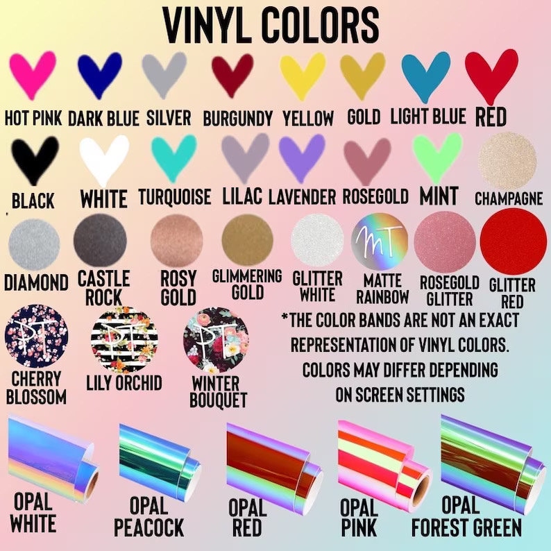 May include: A color chart displaying various vinyl colors, including hot pink, dark blue, silver, burgundy, yellow, gold, light blue, and red. Additional colors include black, white, turquoise, lilac, and more. Rolls of opal vinyl are also shown.