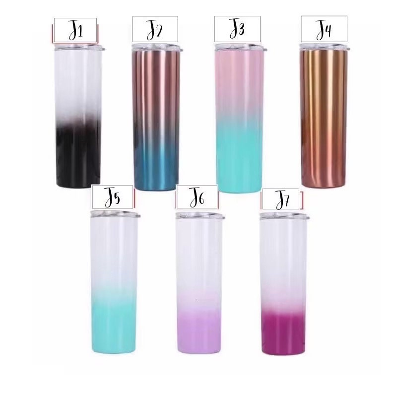 May include: A collection of seven stainless steel insulated tumblers. Each tumbler features a gradient color design, with options including black to white, blue to bronze, pink to turquoise, and bronze. The tumblers are designed to keep drinks cold or hot.