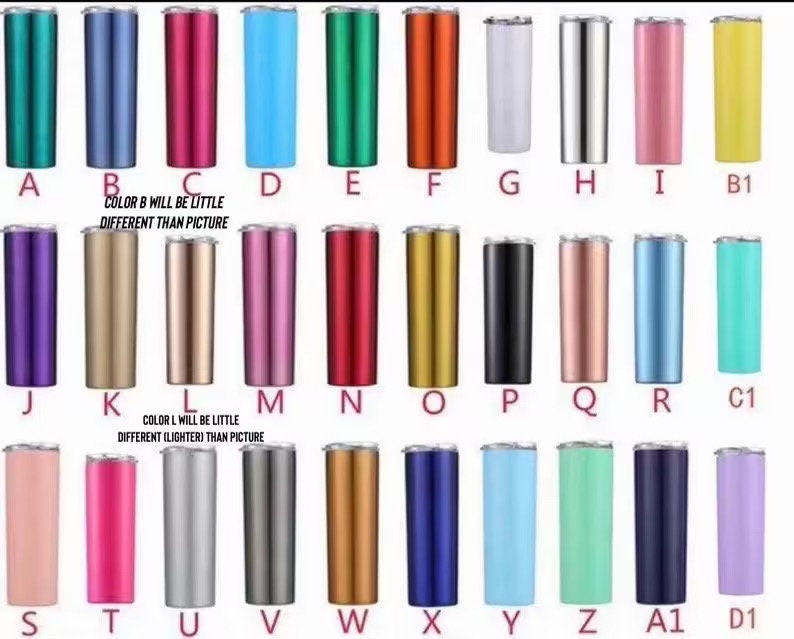 May include: A collection of insulated tumblers in various colors, including teal, blue, pink, and gold. Each tumbler has a silver lid and is labeled with a letter or number. The text on the image states that some colors may vary slightly.