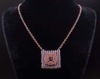 Square Beaded Pendant with Crystal Stone in Shades of Mauve and Copper Chain Necklace. Geometric Pendant Beadwoven Crystal Setting S-424