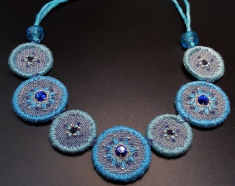 Embroidered Necklace in Turquoise, Denim Blue and Light Green with Crystals and Glass Beads. Fabric Denim Necklace with Round Coins S-416