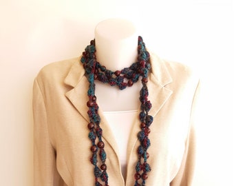 Multi Strand Scarf Necklace, Changing Colors of Eggplant Purple, Dark Teal, Dark Moss Green and Chocolate Brown Round Beads.Various Wearing