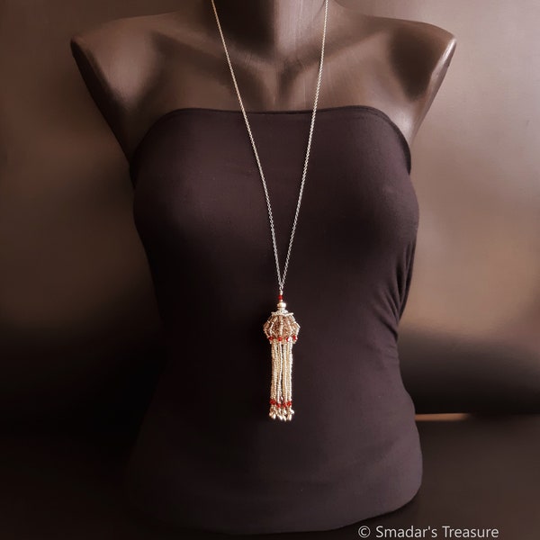 Long Bright Silver Chain Necklace with Geometric Beaded Tassel Pendant, with Red Crystals, Silver Drops and Triangles in Dark Silver.  S-469