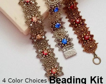 Bracelet Beading Kit / Tutorial. Gazing Stars Bracelet, with Crystals and Seed Beads in Dark / Light Silver or Bronze. Vintage Style pattern