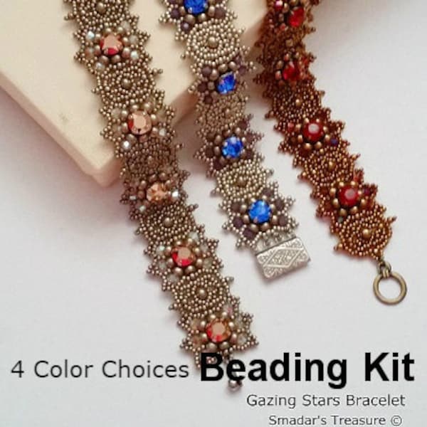 Bracelet Beading Kit / Tutorial. Gazing Stars Bracelet, with Crystals and Seed Beads in Dark / Light Silver or Bronze. Vintage Style pattern