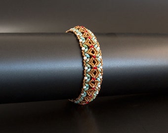 Bronze Beaded Bangle Bracelet with Swarovski Crystals in Red and Glass beads in Green Turquoise and White. Embellished Textured Bangle S249